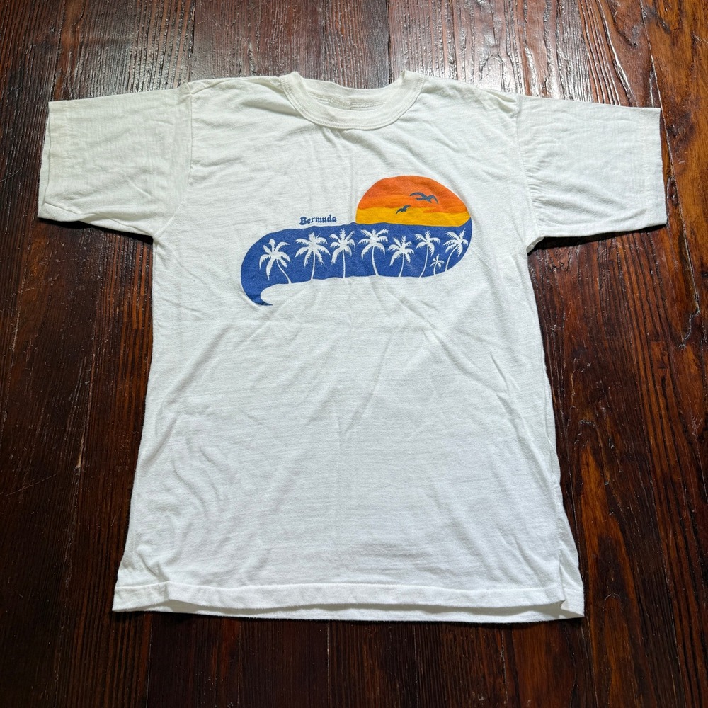 Vintage 90s Bermuda Shirt Mens Small White Palm Tree Sunset Single Stitch